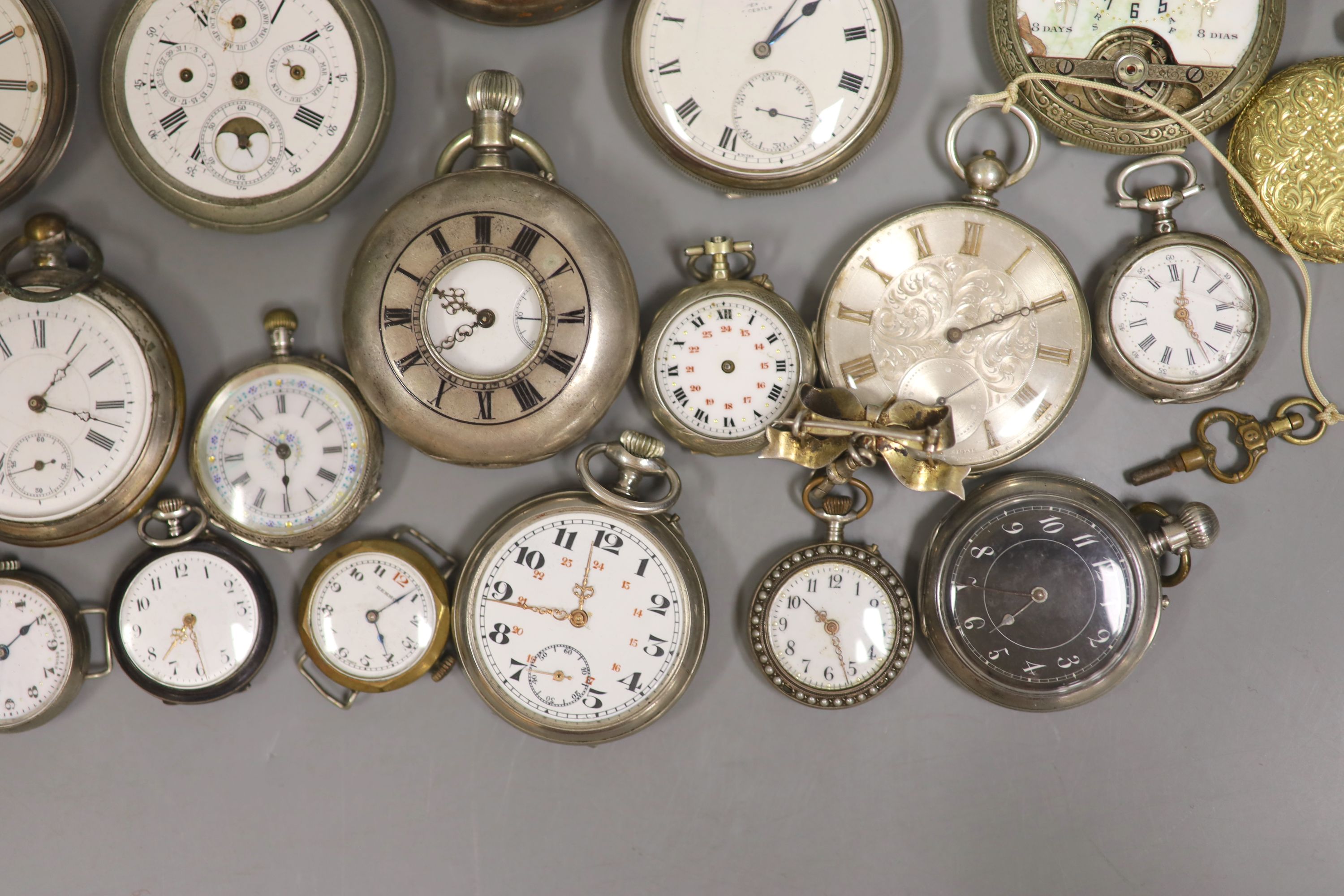 A quantity of assorted pocket, wrist and fob watches including Longines and Zenith, mainly based metal but includes silver and white metal.